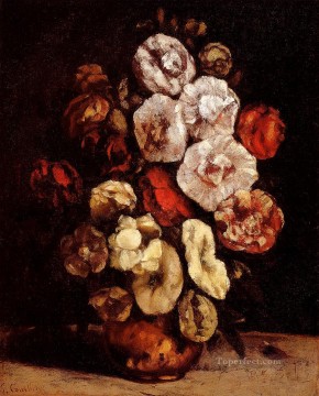  Hollyhocks Works - Hollyhocks In A Copper Bowl painter Gustave Courbet Impressionism Flowers